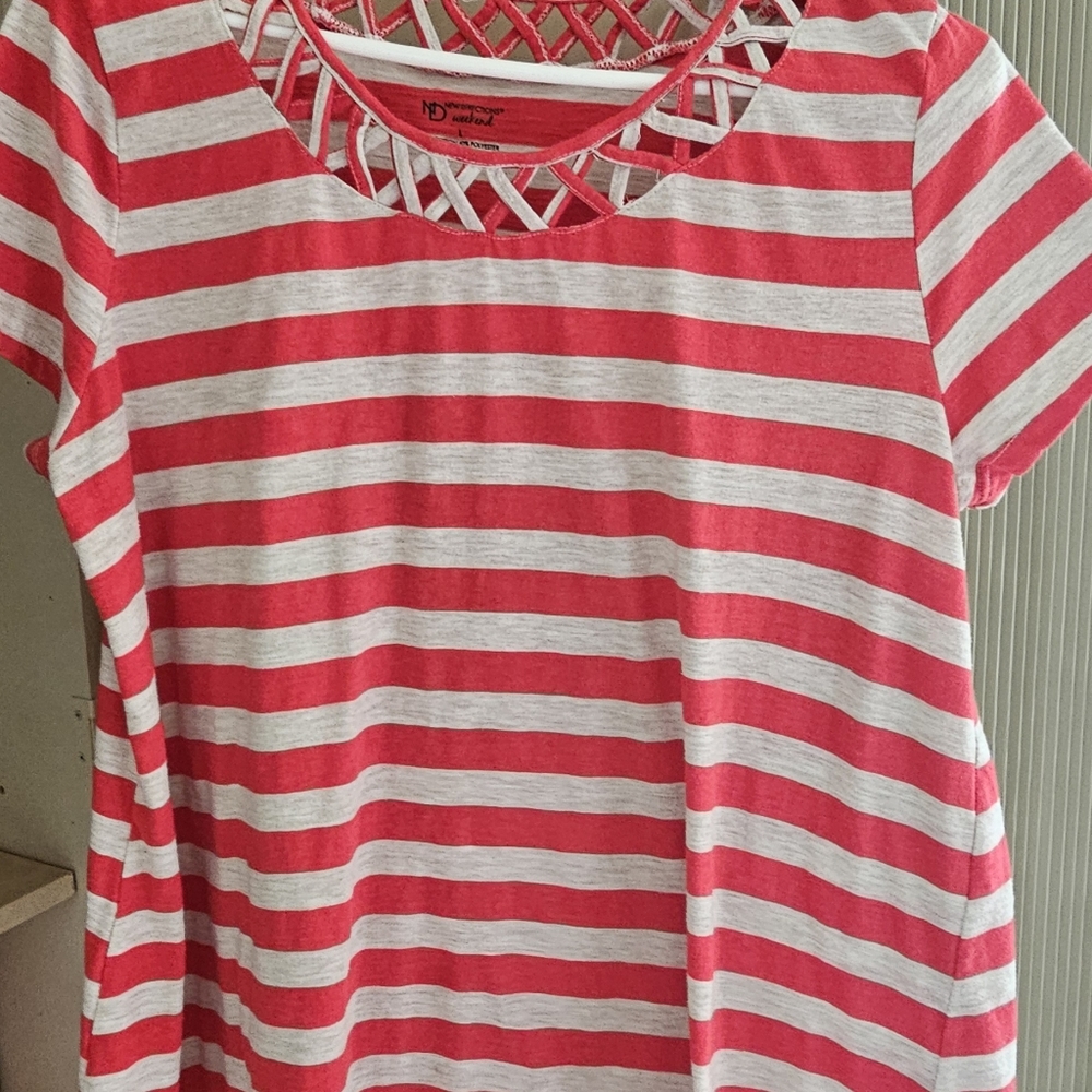 Coral Orange Blend  and Off White Striped Top With Braided Neckline